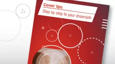Red booklet titled 'Career tips: Step by step to your dream job' with circular designs.