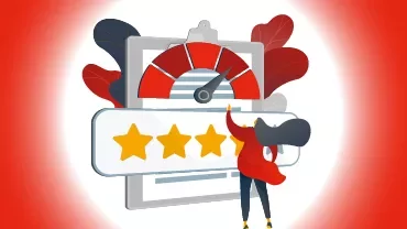 Illustration of a person reaching for a three-star rating in front of a gauge.