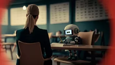 Person and robot sitting at a table in a modern classroom.