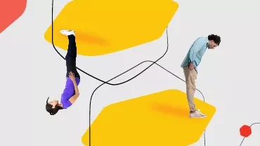 Two people on abstract shapes, one upside down, with colorful geometric background.