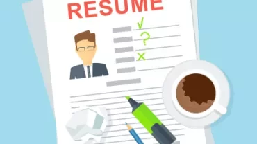 Illustration d'un CV avec un stylo, surligneur et tasse de café.