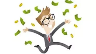 Illustration d'une personne avec des lunettes, sautant joyeusement parmi des billets volants.