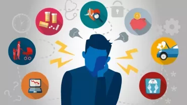Illustration d'une personne entourée d'icônes liées au stress comme l'argent, la santé et la famille.