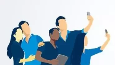 Group of people taking selfies together.