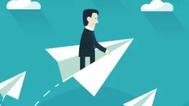 Illustration of a person flying on a paper airplane in the sky.