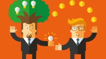 Cartoon of two people exchanging light bulbs and money.