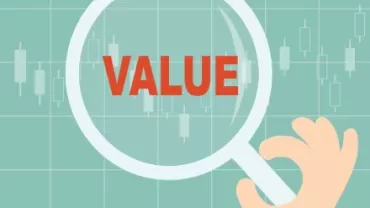 Loupe focalisant sur le mot 'VALUE' sur un graphique boursier.