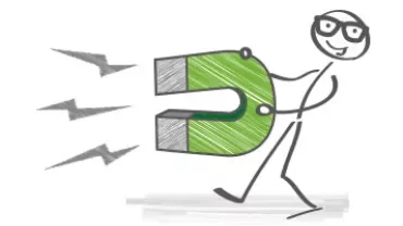 Cartoon figure holding a large magnet with lightning bolts.