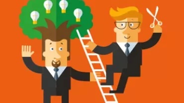 Cartoon of two people, one on a ladder with scissors and the other's hair styled as a tree with light bulbs.