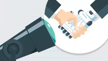 Illustratie van een handdruk tussen mens en robot.