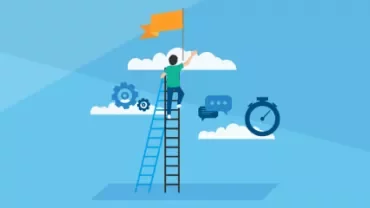 Person climbing ladder, reaching for flag in sky.