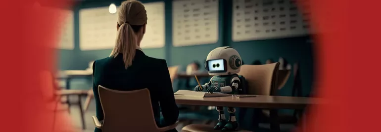 Person and robot sitting at a table in a modern classroom.