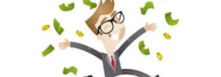 Illustration of person in glasses, joyfully jumping amidst flying money.