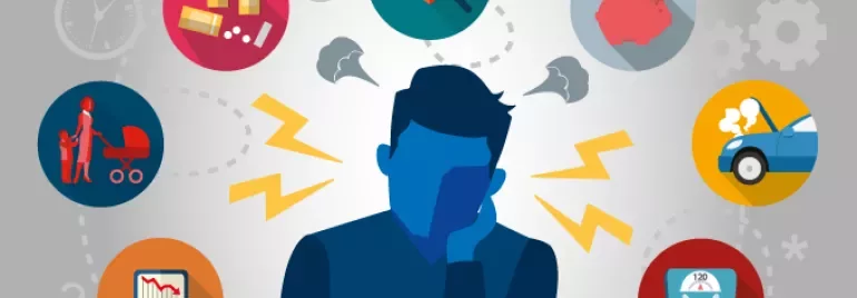 Illustration d'une personne entourée d'icônes liées au stress comme l'argent, la santé et la famille.