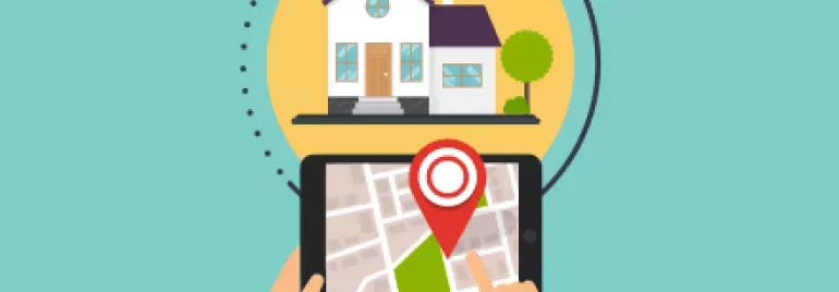 Tablet toont een kaart met een rode locatiepin, huis op de achtergrond.