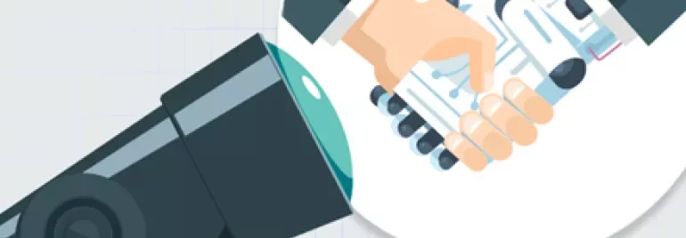 Illustratie van een handdruk tussen mens en robot.