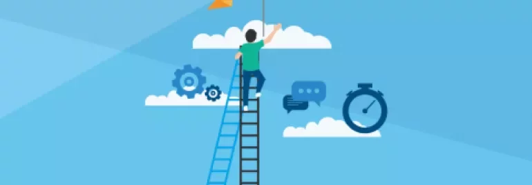 Persoon beklimt ladder naar een vlag in de lucht.
