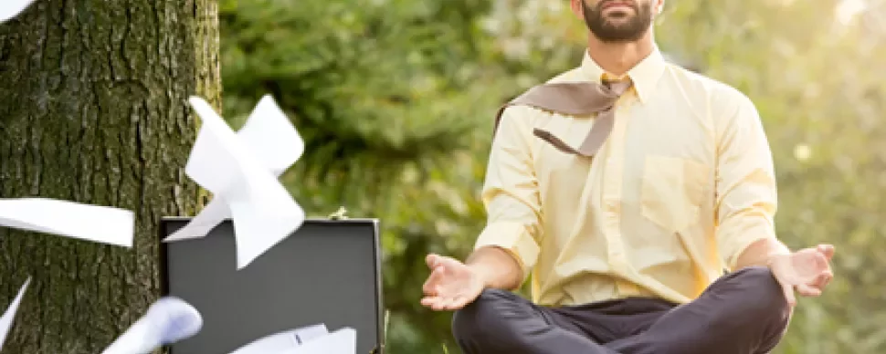 Person meditating near a tree with papers flying from a briefcase.